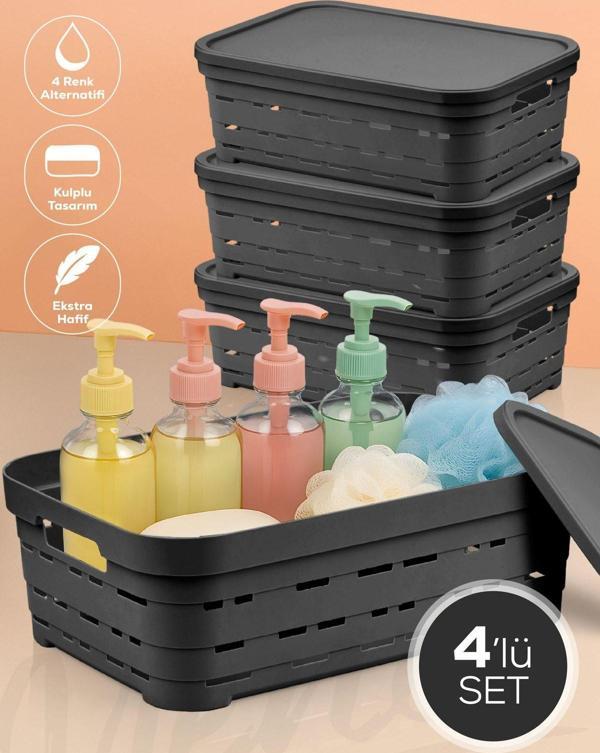 4'lü Kapaklı 8,2 Litre Delikli Saklama Kutusu Antrasit - Image 1