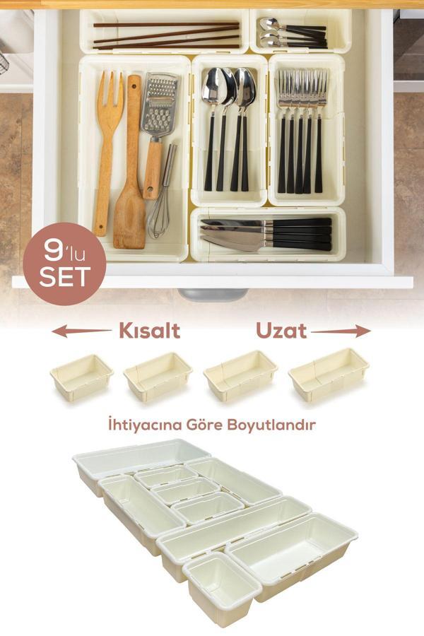 9'lu Set Ayarlanabilir Çekmece Içi Düzenleyici Kutu – Uzayıp Kısalabilen Organizer Seti (4A2B2C1D) - Image 1