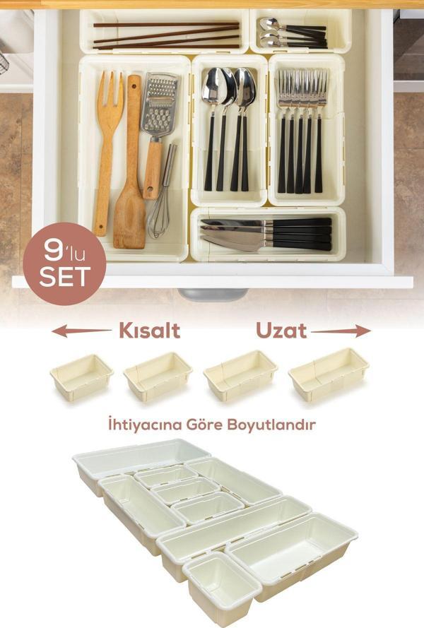 9'lu Set Ayarlanabilir Çekmece Içi Düzenleyici Kutu – Uzayıp Kısalabilen Organizer Seti (4A2B2C1D) - Image 1