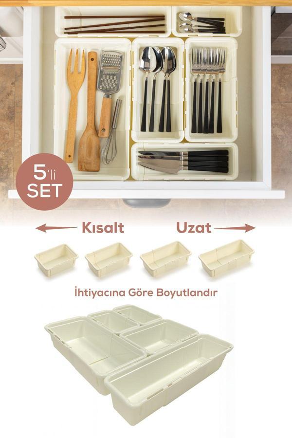 5'li Set Ayarlanabilir Çekmece Içi Düzenleyici Kutu – Uzayıp Kısalabilen Organizer Seti (2A2B1C) - Image 1
