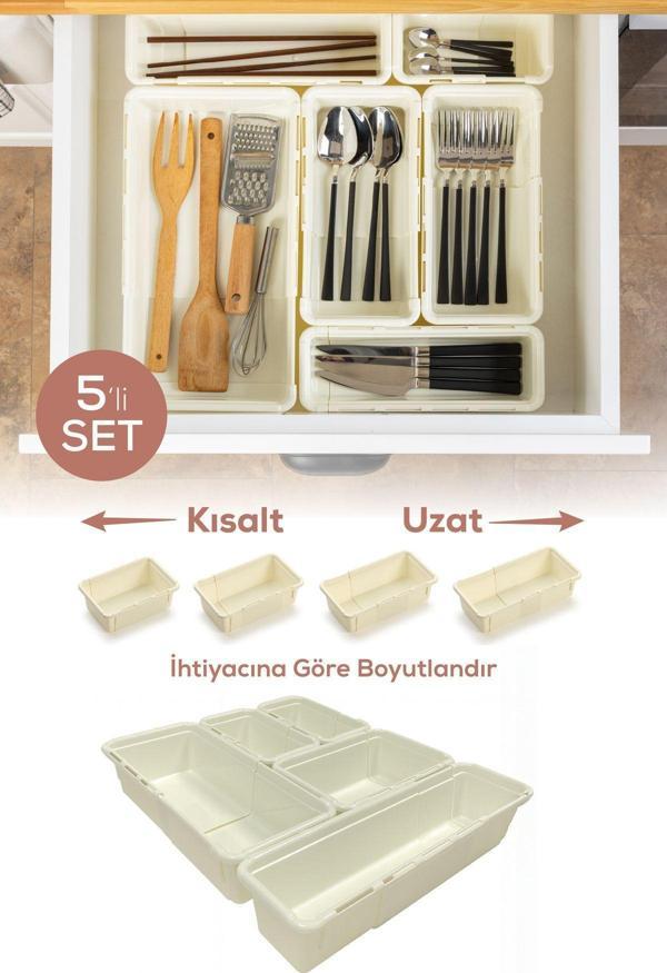 5'li Set Ayarlanabilir Çekmece Içi Düzenleyici Kutu – Uzayıp Kısalabilen Organizer Seti (2A2B1C) - Image 1