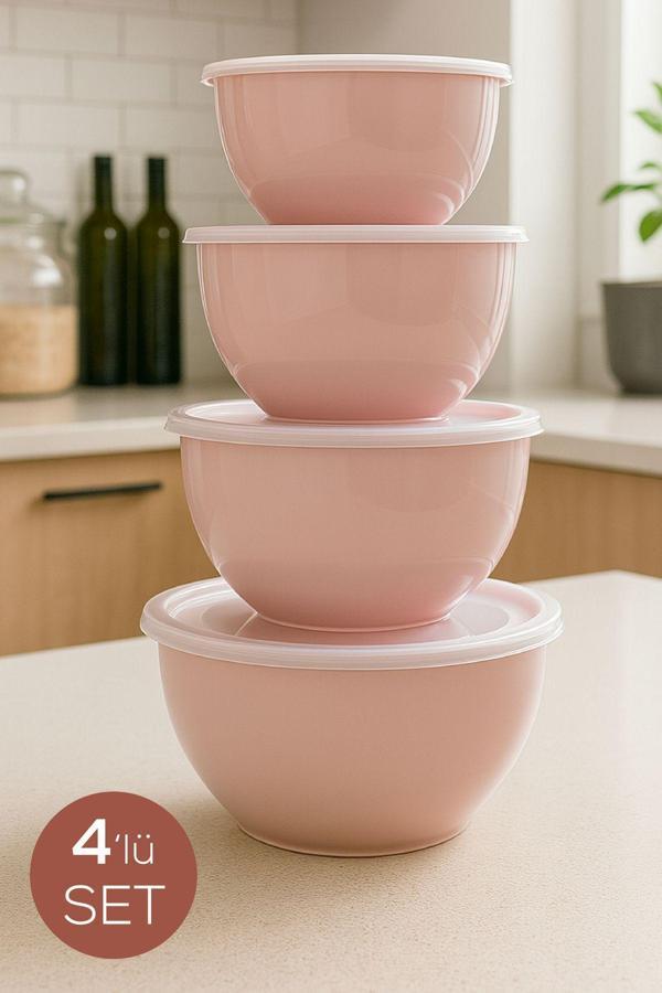 4’lü Yuvarlak Kase Seti Pembe | 1l, 1.5l, 2.3l, 3.3l | Kapaklı Çok Amaçlı Mutfak Saklama Kabı - Image 1