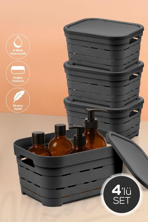 4'lü Kapaklı 3,8 Litre Delikli Saklama Kutusu Antrasit - Image 1