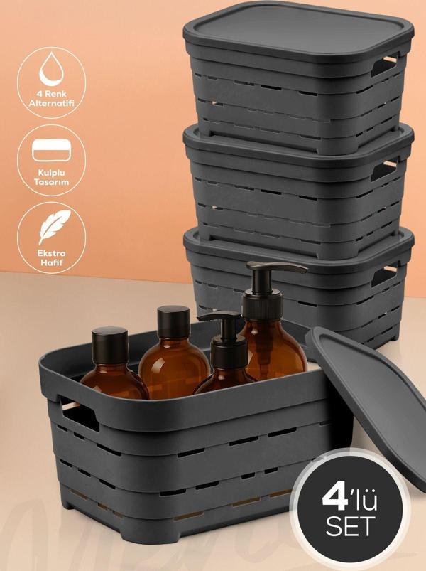 4'lü Kapaklı 3,8 Litre Delikli Saklama Kutusu Antrasit - Image 1