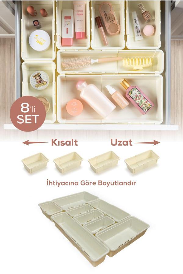 8'li Set Ayarlanabilir Çekmece Içi Düzenleyici Kutu – Uzayıp Kısalabilen Organizer Seti (4A2B1C1D) - Image 1