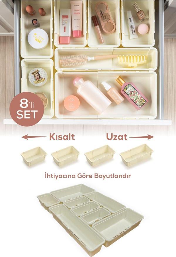 8'li Set Ayarlanabilir Çekmece Içi Düzenleyici Kutu – Uzayıp Kısalabilen Organizer Seti (4A2B1C1D) - Image 1