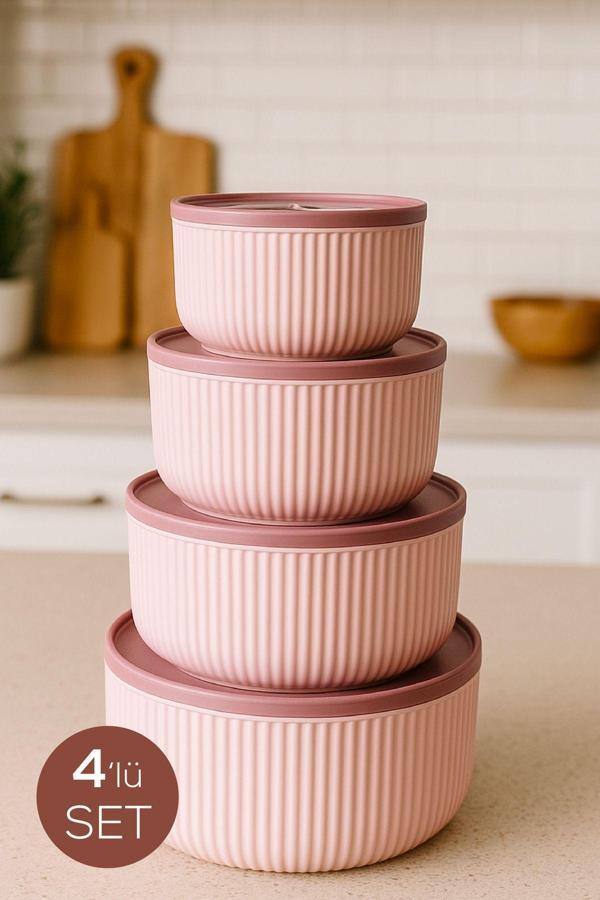 4'lü Yuvarlak Saklama Kabı Seti Pembe | 2.5L 1.5L 0.80L 0.45L | Mikrodalga ve Dondurucu Uyumlu - Image 1