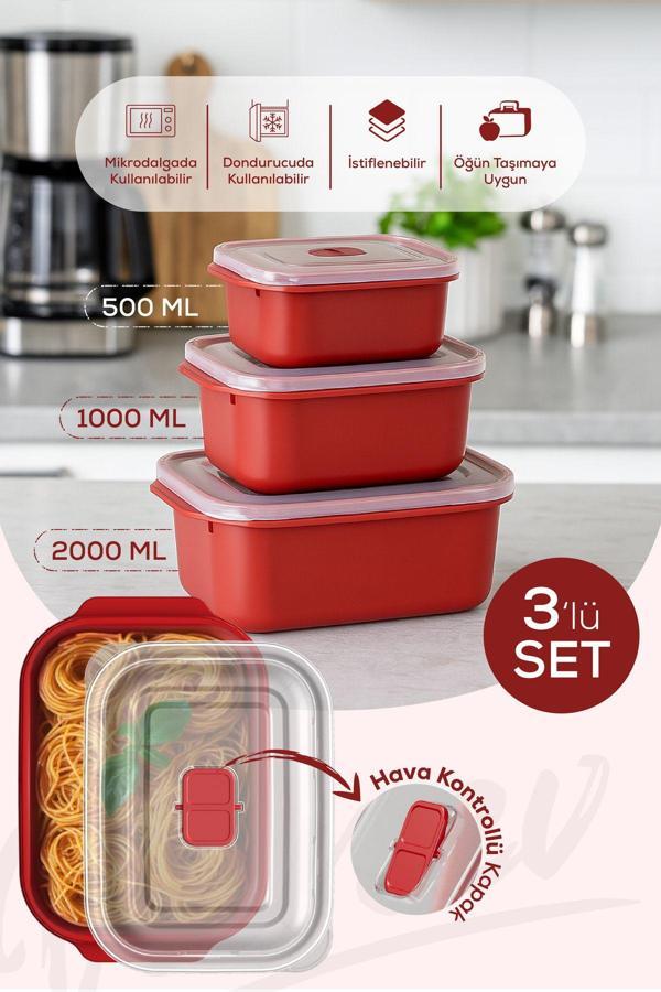 Kapaklı 3’lü Mikrodalgaya Uygun Dikdörtgen Saklama Kabı Seti - 500/1000/2000 ml - Image 1