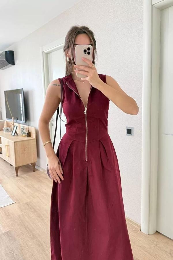 Dik Yuvarlak Yaka Önden Fermuarlı Sifir Kol Beli Oturtmalı Kolsuz Cepli Çan Etekli Uzun Elbise - Bor - Image 1