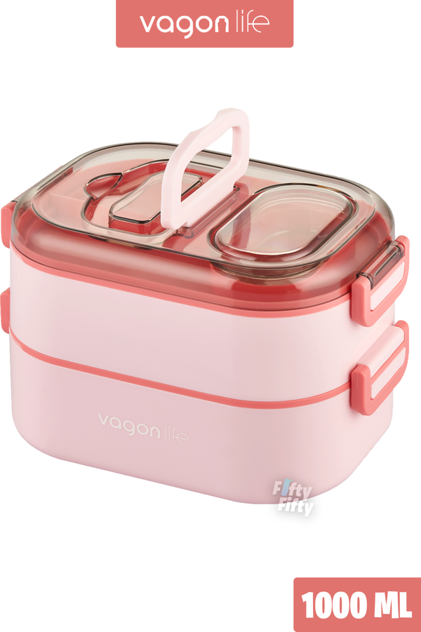 Vagonlife 1000 ML İki Kat Üç Bölme Paslanmaz Çelik Bento Lunch Box Yeni Nesil Sefer Tası-Sos Kaseli Mode - Image 1