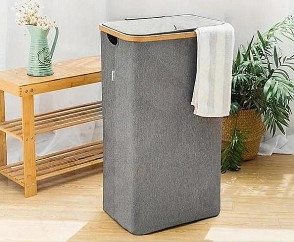 70 Lt Katlanır Kumaş Bambu Çamaşır Sepeti İçi Fileli Kirli Çamaşır Sepeti - Image 1