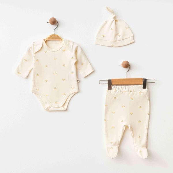 ÇİÇEKLİ PANTOLON BODY ŞAPKA SET Ekru - Image 1