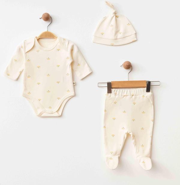 ÇİÇEKLİ PANTOLON BODY ŞAPKA SET Ekru - Image 1