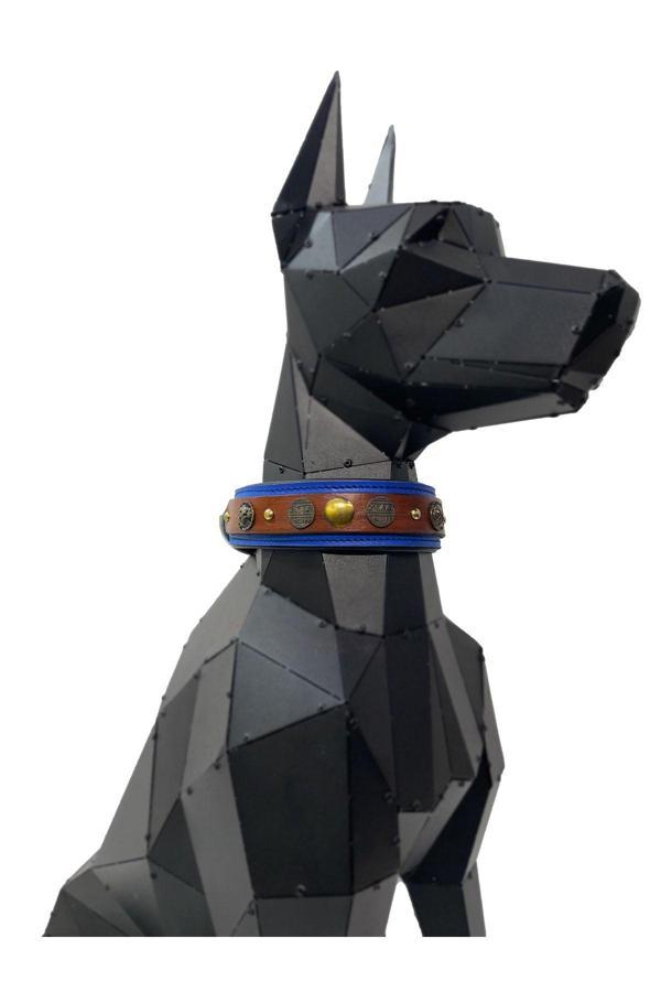 Tasma Market Mavi-Kahverengi Metal Aslan Baskılı Deri Köpek Tasması Özel Tasarım Köpek Boyun Tasması - Image 1