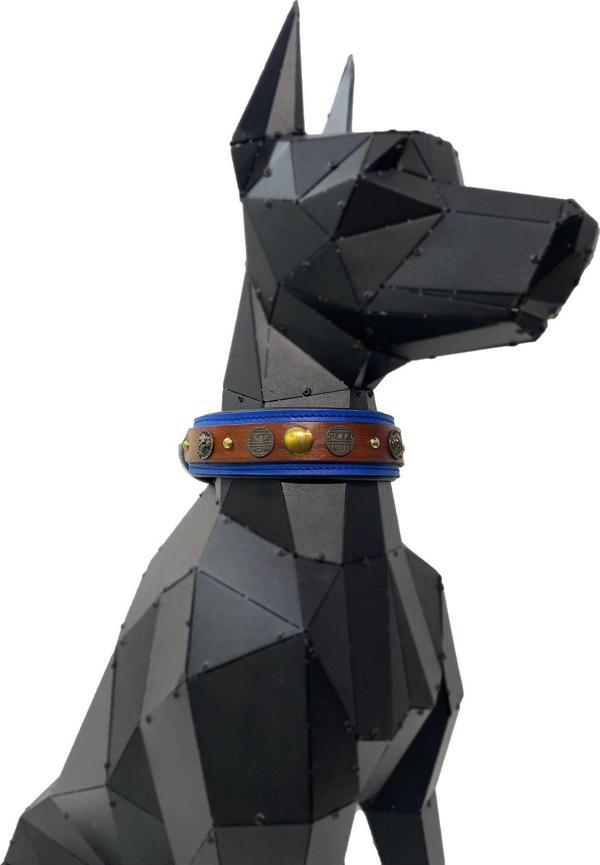 Tasma Market Mavi-Kahverengi Metal Aslan Baskılı Deri Köpek Tasması Özel Tasarım Köpek Boyun Tasması - Image 1