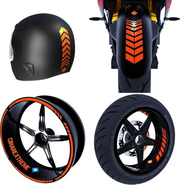 Moto Rider 4'lü Sticker Seti Alev Turuncu İç Dış Jant Şeridi Kask ve Çamurluk Çınar Extreme  - Image 1