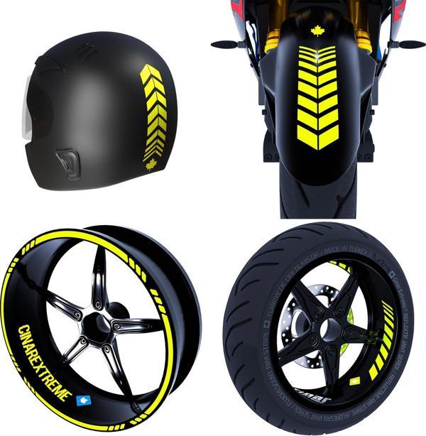 Moto Rider 4'lü Sticker Seti Floresan Sarı İç Dış Jant Şeridi Kask ve Çamurluk Çınar Extreme  - Image 1