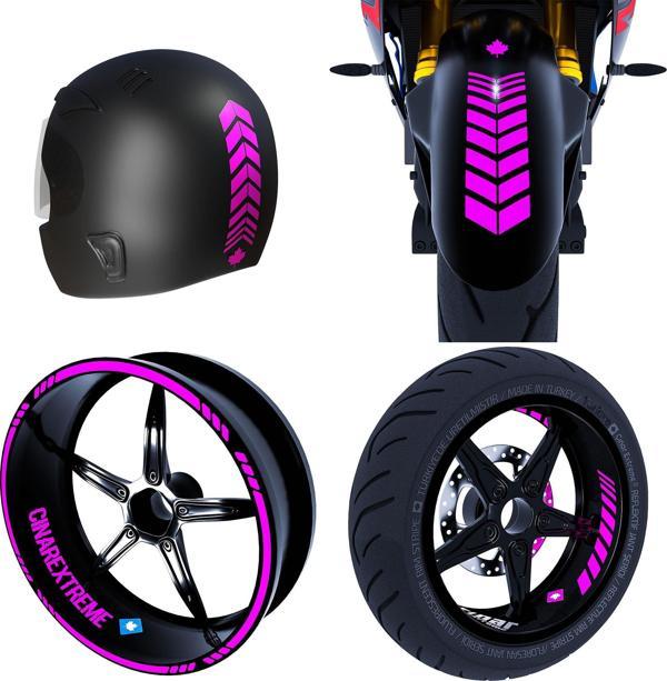 Moto Rider 4'lü Sticker Seti Gül Pembesi İç Dış Jant Şeridi Kask ve Çamurluk Çınar Extreme  - Image 1