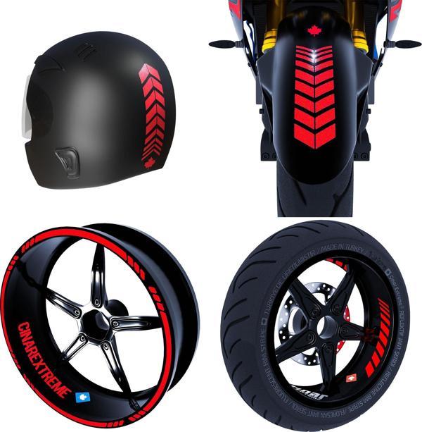 Moto Rider 4'lü Sticker Seti Reflektif Kırmızı İç Dış Jant Şeridi Kask ve Çamurluk Çınar Extreme  - Image 1