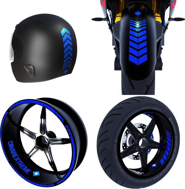 Moto Rider 4'lü Sticker Seti Reflektif Mavi İç Dış Jant Şeridi Kask ve Çamurluk Çınar Extreme  - Image 1