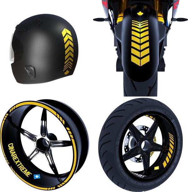 Moto Rider 4'lü Sticker Seti Reflektif Sarı İç Dış Jant Şeridi Kask ve Çamurluk Çınar Extreme  - Image 1