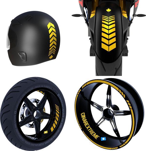 Moto Rider 4'lü Sticker Seti Yaldızlı Gold İç Dış Jant Şeridi Kask ve Çamurluk Çınar Extreme  - Image 1