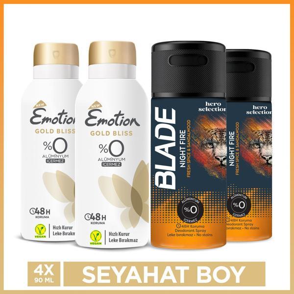 Emotion Gold Bliss Kadın Deodorant & Blade Night Fire Erkek Deodorant 4x90 Ml Seyahat Seti - Image 1