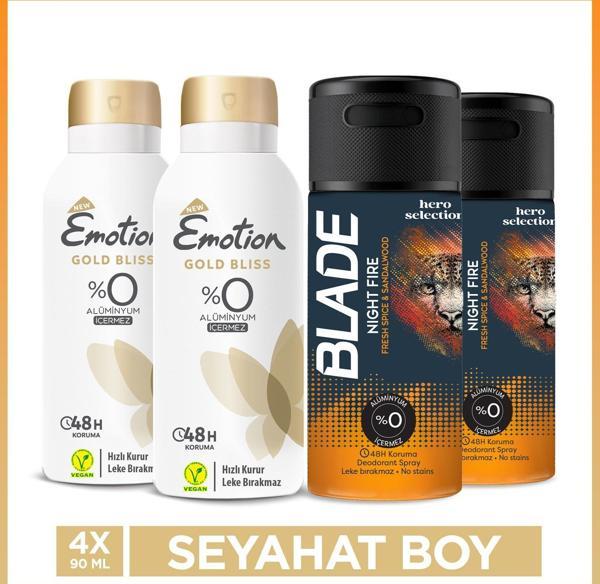 Emotion Gold Bliss Kadın Deodorant & Blade Night Fire Erkek Deodorant 4x90 Ml Seyahat Seti - Image 1
