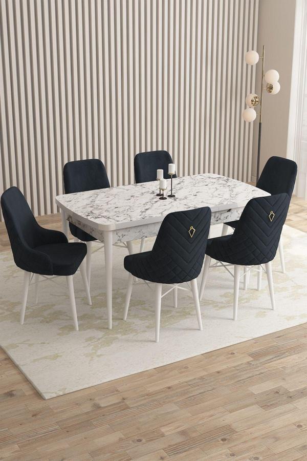 Mazaka Beyaz Mermer 80x132Açılabilir Mdf Masa Yemek Odası Takımı,Mutfak Takımı 6 Adet Sandalye - Image 1