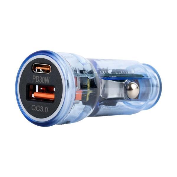 BR01 48W Şeffaf  Mavi Araç Şarj Cihazı | PD & QC 3.0 Destekli, Çift USB Hızlı Şarj - Image 1