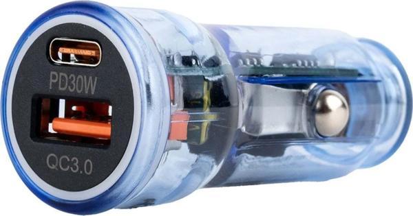 BR01 48W Şeffaf  Mavi Araç Şarj Cihazı | PD & QC 3.0 Destekli, Çift USB Hızlı Şarj - Image 1