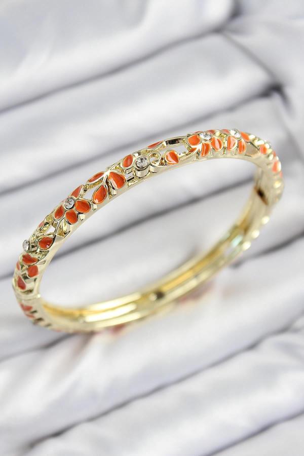 Celira Mineli Pirinç Zirkon Taşlı Turuncu Çiçek Motifli Gold Kadın Kelepçe 00183 - Image 1