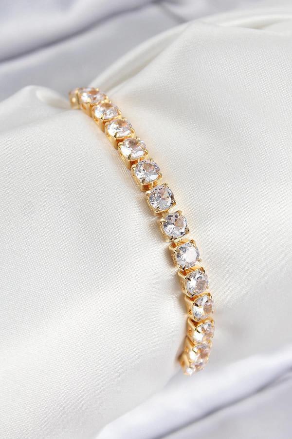 Celira Pirinç Zirkon Taşlı Kare Model Gold Renk Asansörlü Kadın Bileklik - Image 1