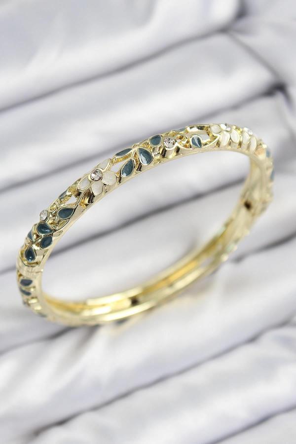 Celira Mineli Pirinç Zirkon Taşlı Yeşil Krem Çiçek Motifli Gold Kadın Kelepçe 00181 - Image 1