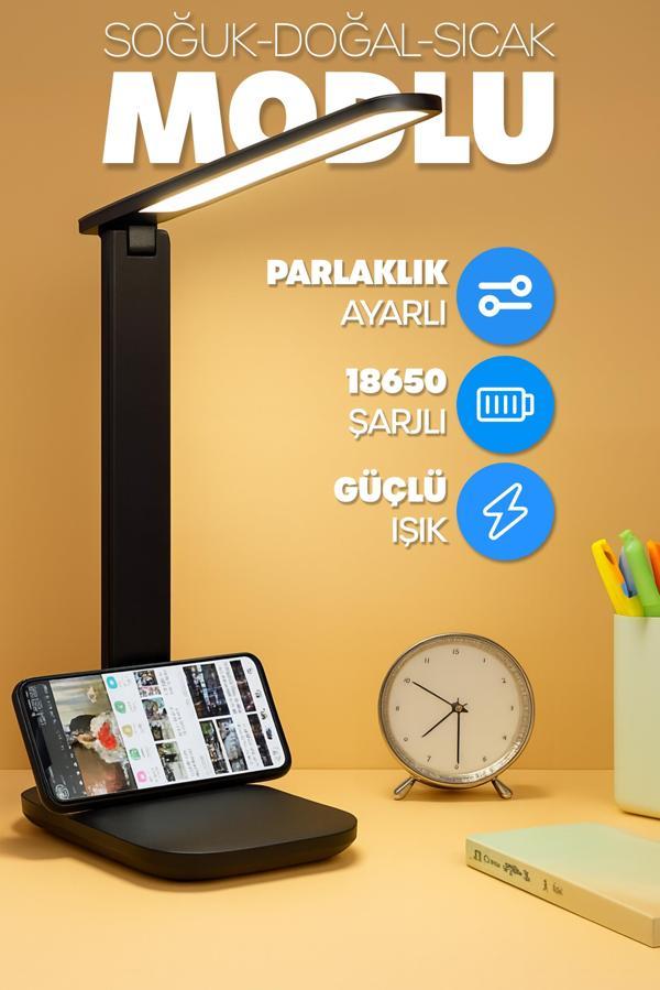 Şarjlı Masa Lambası 3 Renk Dokunmatik Telefon Standlı Kademeli Çalışma Okuma Işığı Lambası 9W Siyah - Image 1