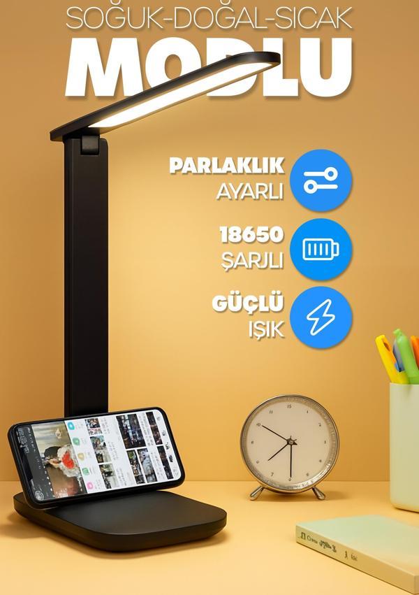 Şarjlı Masa Lambası 3 Renk Dokunmatik Telefon Standlı Kademeli Çalışma Okuma Işığı Lambası 9W Siyah - Image 1