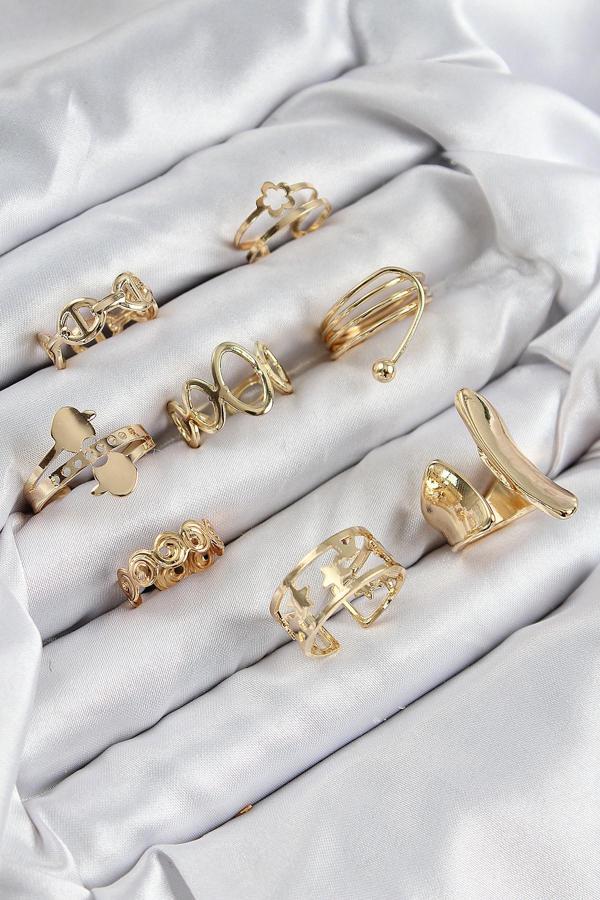 Pirinç Sarmal Ve Yıldız Model Gold Renk Kadın Yüzük Kombin Set - EBJ250816W37410 - Image 1