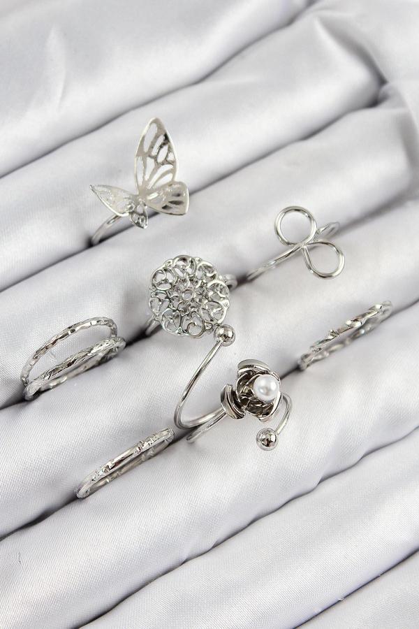 Pirinç Gül Kelebek Model Gümüş Renk Kadın Yüzük Kombin Set - EBJ250816W37407 - Image 1