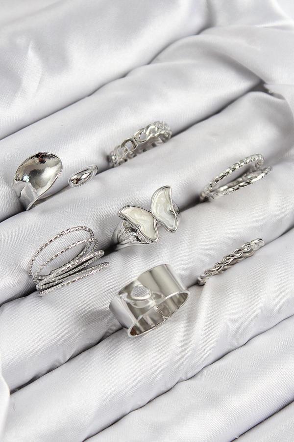 Pirinç Kelebek Model Gümüş Renk Kadın Yüzük Kombin Set - EBJ250816W37411 - Image 1
