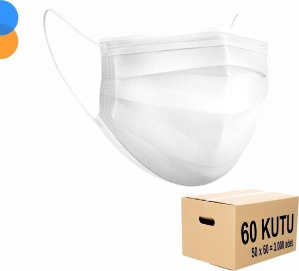 Cerrahi Maske 3 Katlı Meltblown Filtreli 50'li Kutu x 60 Kutu - 1 Koli - Beyaz - Image 1