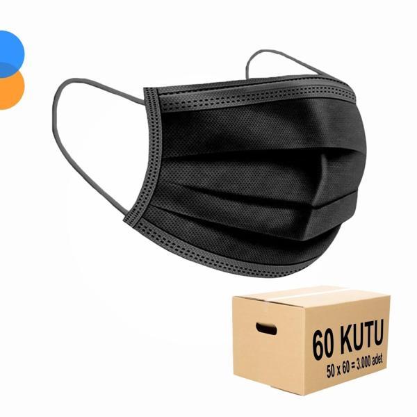 Cerrahi Maske 3 Katlı Meltblown Filtreli 50'li Kutu x 60 Kutu - 1 Koli - Siyah - Image 1