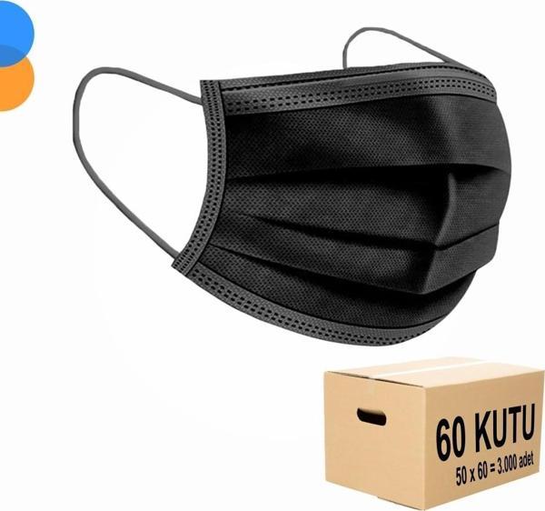 Cerrahi Maske 3 Katlı Meltblown Filtreli 50'li Kutu x 60 Kutu - 1 Koli - Siyah - Image 1