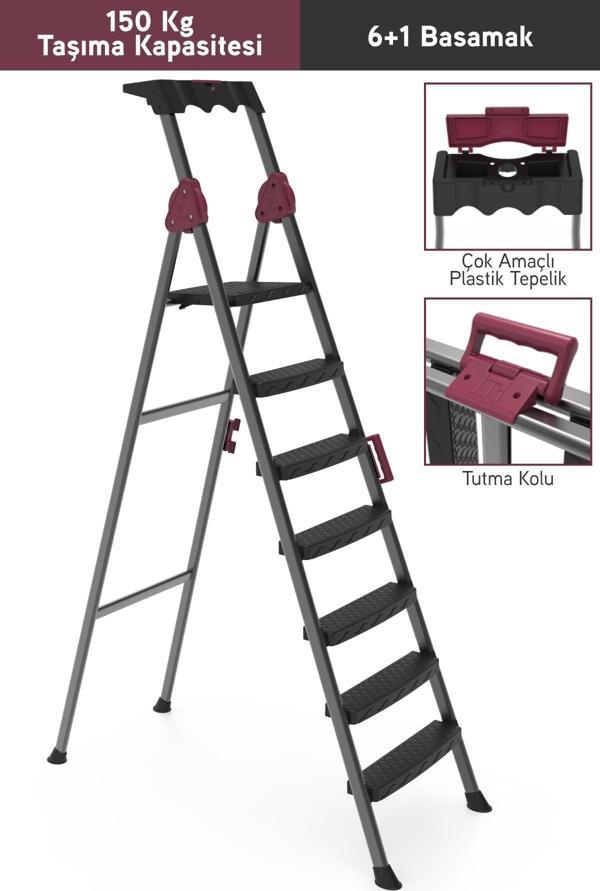 Perilla Comfort 6+1 Basamaklı Kolay Taşınır Tutamaçlı Profil Metal Merdiven - Image 1