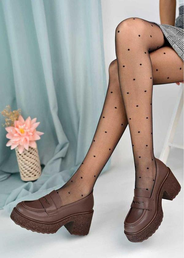 Bej Cilt Topuklu Loafer Mokasen Toka Kadın Ayakkabı - Image 1