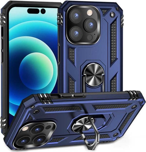 Coverzone Iphone 14 Pro Ile Uyumlu Kılıf Shockproof Zırhlı Kauçuk Yüzük Tutuculu 360 Derece Lacivert - Image 1