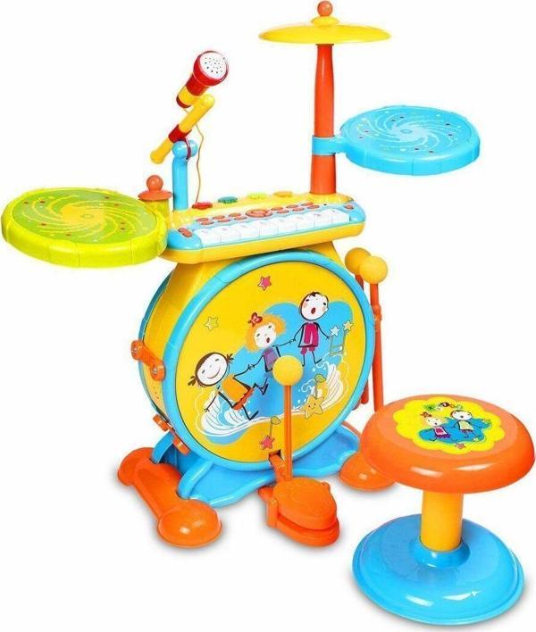 Vardem Mikrofonlu 24 Tuşlu Piyanolu Bateri Set Turuncu Mavi 1402 - Image 1