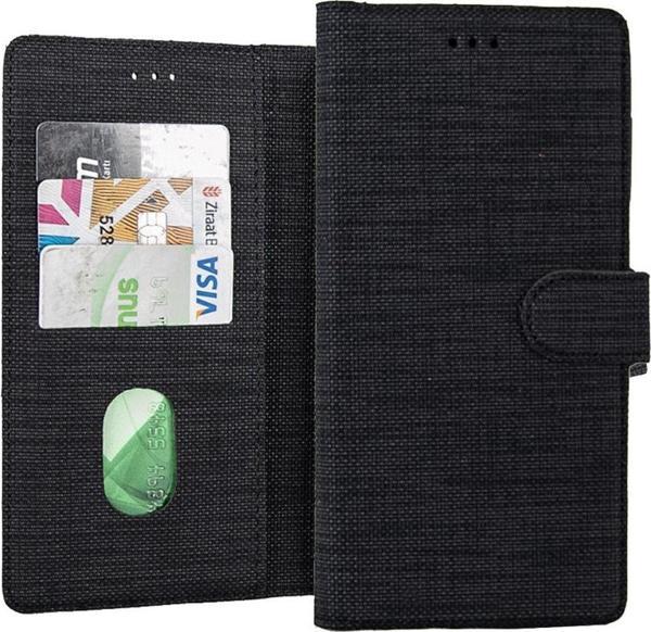 Coverzone Samsuıng Galaxy A70 Kılıf Standlı Kartvizitli Ve Para Gözlü Kumaş Desen Siyah - Image 1