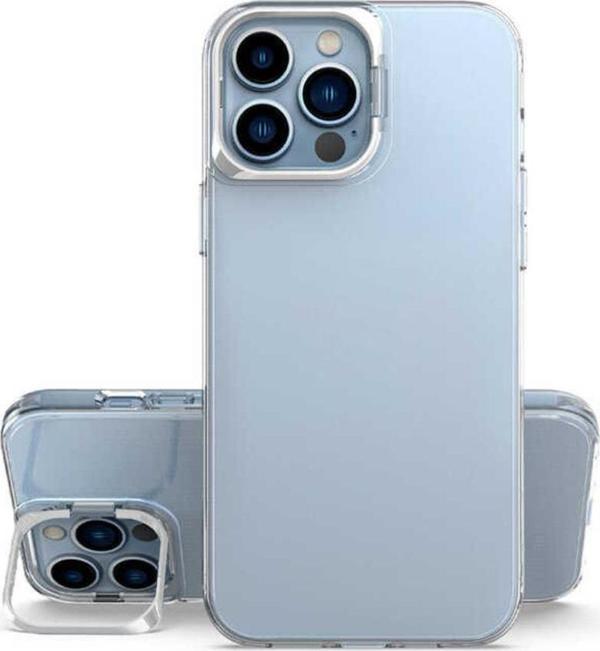 Coverzone Iphone 14 Pro Max Ile Uyumlu Kılıf Metal Kamera Standlı Airbag Şeffaf Skubi Silikon Gümüş - Image 1