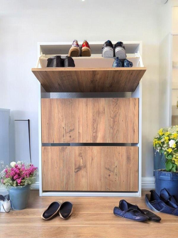 Azzuri Furniture Aylin Düşer 3 Kapaklı 6 Gözlü Beyaz Duvara Monte Edilebilir Ayakkabılık  Meşe-Beyaz - Image 1