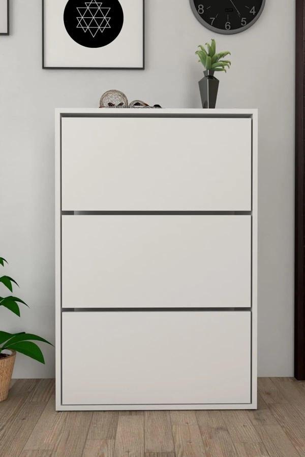 Azzuri Furniture Düşer Kapak Ayakkabılık Kayar Raflı Ayakkabılık 3 Bölmeli Ayakkabılık Beyaz - Image 1